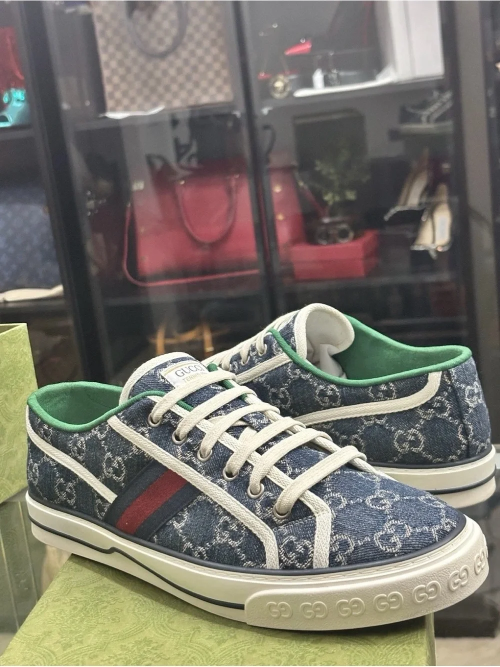 Gucci Tennis 1977 GG Denim Sneakers Blue Web Stripe Low Top Mens US 9. COA.